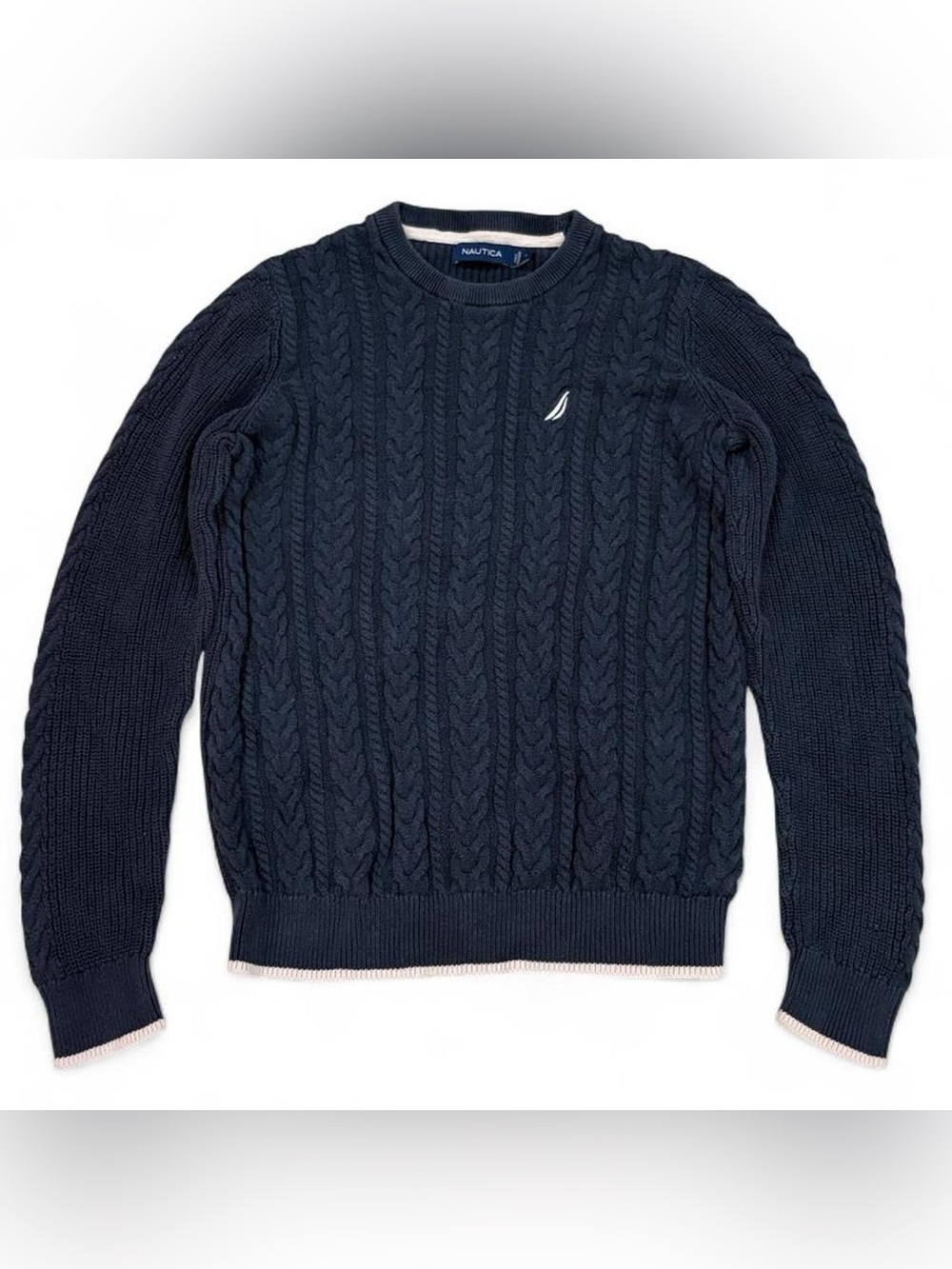 Vintage Nautica navy blue cotton cable knit sweater with white trim
